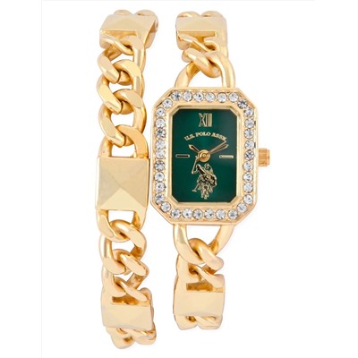 LADIES GOLD AND GREEN BRACELET WATCH