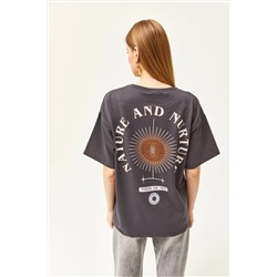 Olalook Kadın Sembol Füme Ön Arka Baskılı 2 iplik Unisex Oversize Tişört TSH-19000696