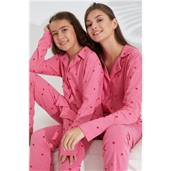 Siyah İnci pembe puan desenli Pamuklu Düğmeli Pijama Takımı 7692