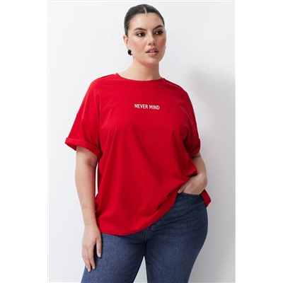 Kırmızı Slogan Baskılı Oversize %100 Pamuk Örme Büyük Beden T-shirt TBBSS24BF00018