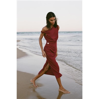 LINEN BLEND DRAPED MIDI DRESS