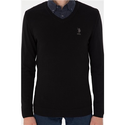 Erkek Slim Fit V Yaka Siyah Basic Kazak