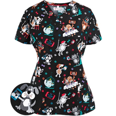 White Cross Scrubs Selfie Pets Print Top