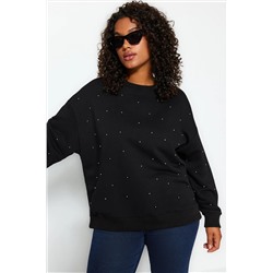 Siyah Kalın Taşlı Detaylı Örme Büyük Beden Sweatshirt TBBAW24SW00000