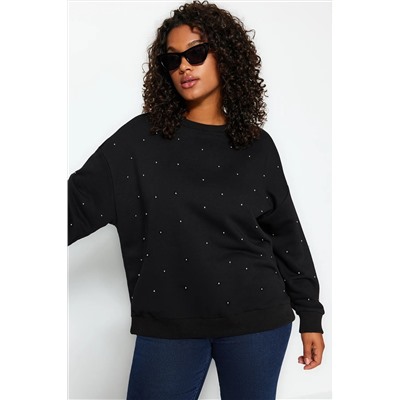 Siyah Kalın Taşlı Detaylı Örme Büyük Beden Sweatshirt TBBAW24SW00000
