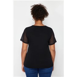 Siyah Kalp Yaka Mesh Detaylı Örme Bluz TBBSS24AF00046