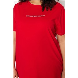 Kırmızı Boyfriend Fit Slogan Baskılı Bisiklet Yaka %100 Pamuk Büyük Beden T-Shirt TBBSS23BF00022