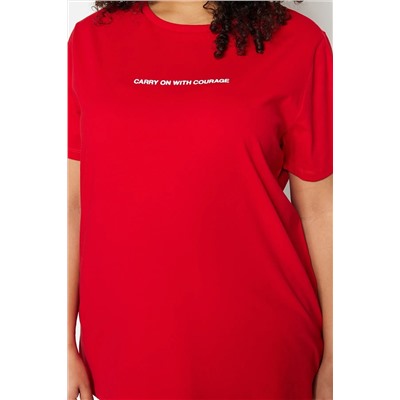 Kırmızı Boyfriend Fit Slogan Baskılı Bisiklet Yaka %100 Pamuk Büyük Beden T-Shirt TBBSS23BF00022