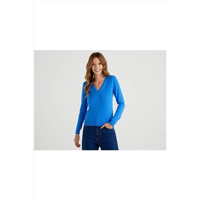 United Colors of Benetton Benetton Kadın Çivit Mavi V Yaka Merino Kazak 122A1002D4488-08A