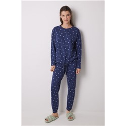 Pijama largo 100% algodón azul flores