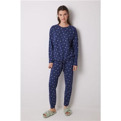 Pijama largo 100% algodón azul flores
