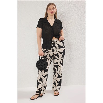 Çok Renkli Desenli Wide Leg Dokuma Büyük Beden Pantolon TBBSS25AR00040