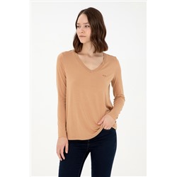 Kadın Camel V Yaka Sweatshirt
