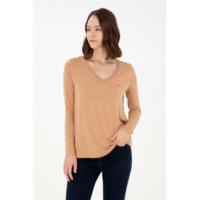 Kadın Camel V Yaka Sweatshirt