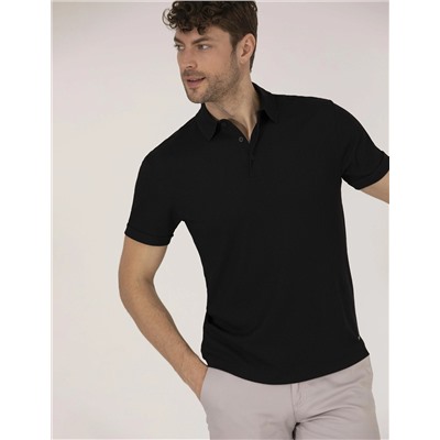 Siyah Slim Fit Dokulu Polo Yaka Tişört