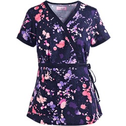 koi Scrubs Denim Splash Mock Wrap Print Top