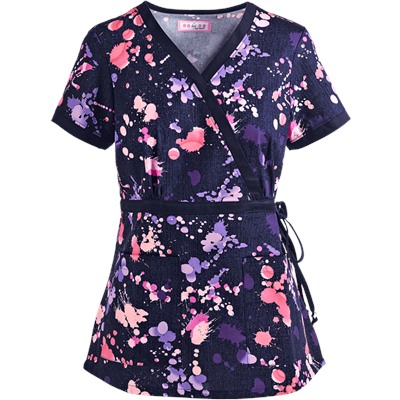 koi Scrubs Denim Splash Mock Wrap Print Top
