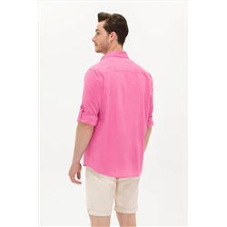 Erkek Pembe Keten Görünümlü Basic Gömlek