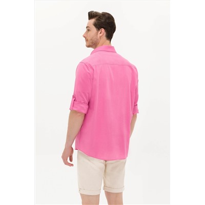Erkek Pembe Keten Görünümlü Basic Gömlek