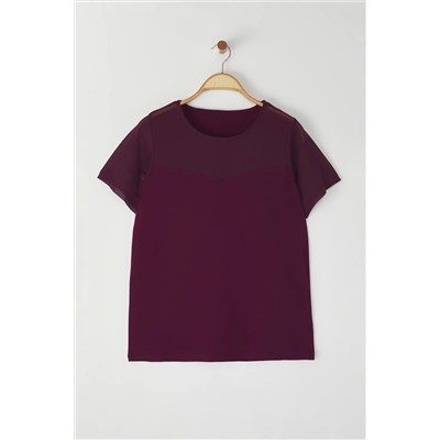 Mürdüm Kalp Yaka Mesh Detaylı Örme Bluz TBBSS24AF00046