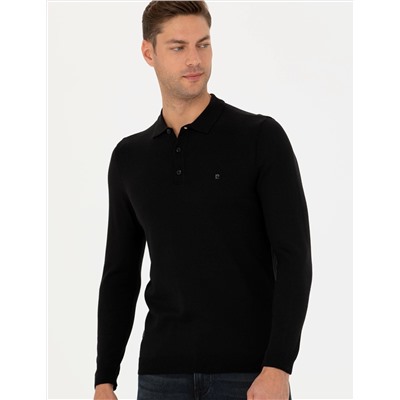 Siyah Slim Fit Polo Yaka Basic Triko Kazak