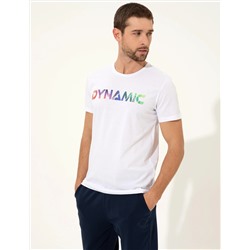 Beyaz Slim Fit Baskılı Bisiklet Yaka Tişört
