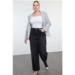 Antrasit Yüksek Bel Cepleri Taşlı Geniş Paça Büyük Beden Jeans