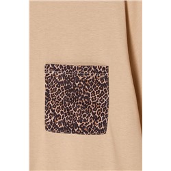 Bej  Oversize Animal Baskılı Cep etaylı %100 Pamuk Örme Büyük Beden T-shirt TBBSS24BF00059