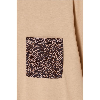 Bej  Oversize Animal Baskılı Cep etaylı %100 Pamuk Örme Büyük Beden T-shirt TBBSS24BF00059