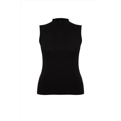 Siyah Fermuarlı %100 Pamuk Fitilli Kaşkorse Örme Büyük Beden Bluz TBBSS24AF00040