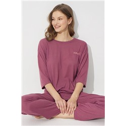 Siyah İnci Vişne Çürüğü Soft Touch Ince Örme Nakışlı Pijama Takım 7626