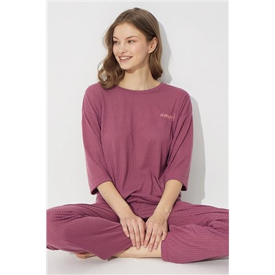 Siyah İnci Vişne Çürüğü Soft Touch Ince Örme Nakışlı Pijama Takım 7626