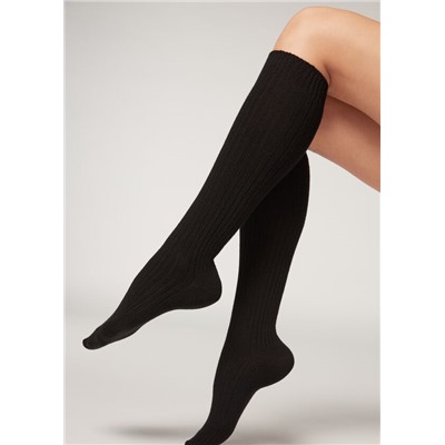 Lange gerippte Damensocken mit Wolle und Cashmere