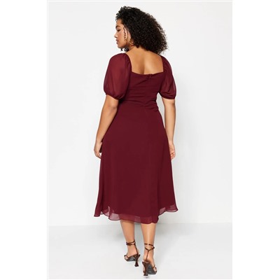 Bordo Dokuma Yırtmaçlı Elbise TBBSS22AH0012