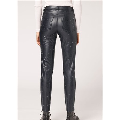 Skinny Thermo-Leggings in Lederoptik mit Allover-Nieten