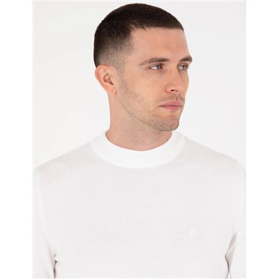 Ekru Slim Fit Çeyrek Yaka Basic Triko Kazak