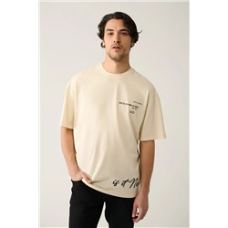 Avva, Erkek Bej %100 Pamuk Bisiklet Yaka Baskılı Pamuklu T-shirt A41y1355