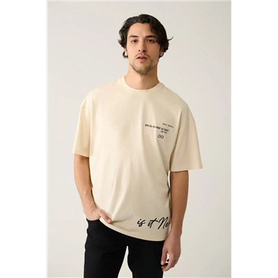 Avva, Erkek Bej %100 Pamuk Bisiklet Yaka Baskılı Pamuklu T-shirt A41y1355
