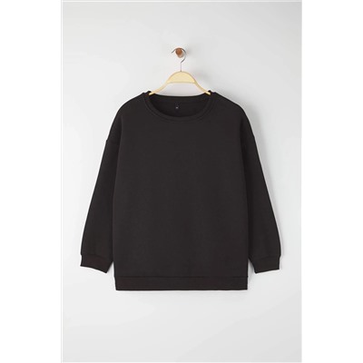 Siyah Oversize/Rahat Kesim Basic Bisiklet Yaka Kalın/İçi polarlı Örme Sweatshirt TBBAW25AO00008