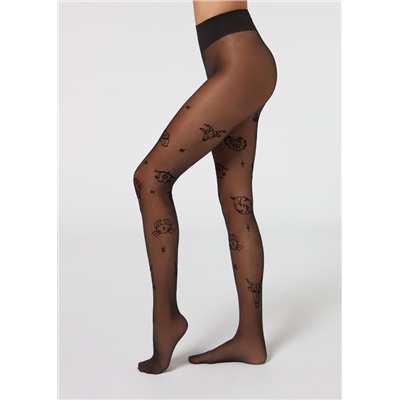 Transparente Strumpfhose 30 Denier mit Sternzeichen in Flockprint