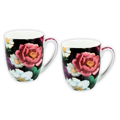 Кружка, 380 мл, 2 шт, фарфор F, черно-розовая, Розы, Floral story, 62367