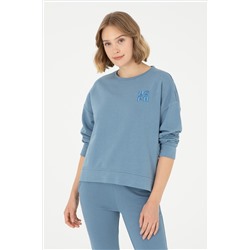 Kadın Koyu Mavi Basic Bisiklet Yaka Sweatshirt