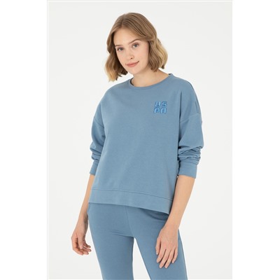 Kadın Koyu Mavi Basic Bisiklet Yaka Sweatshirt