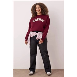Bordo Kalın İçi Polarlı Oversize/Bol Kesim Slogan Nakışlı Örme Büyük Beden Sweatshirt TBBAW26AO00008