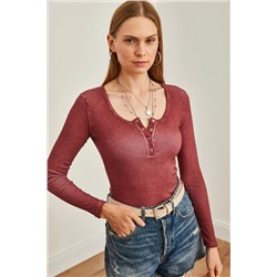 Olalook Kadın Yıkamalı Bordo Patlı Kaşkorse Bluz BLZ-19000588