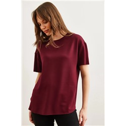 Olalook, Kadın Bordo Modal Tuşeli Yumuşak Dokulu Altı Oval Tişört TSH-19000771