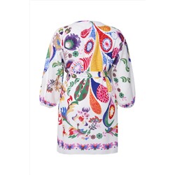 Çok Renkli Çiçek Desenli Kuşaklı Mini Dokuma Balon Kollu %100 Pamuklu Kimono&Kaftan TBBSS25DE00001