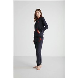 U.S. Polo Assn. Kadın %100 Pamuklu Kırmızı & Lacivert Fermuarlı Kapüşonlu Dar Paça 2'li Pijama Takımı 26943