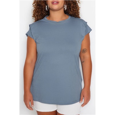 Mavi Bisiklet Yaka Kol Detaylı %100 Pamuk Örme T-Shirt TBBSS22BF0023