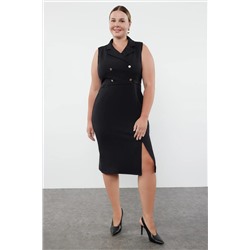 Siyah Düğme Detaylı Yırtmaçlı Fitted/Vücuda Oturan Midi Dokuma Elbise TBBSS24AH00214